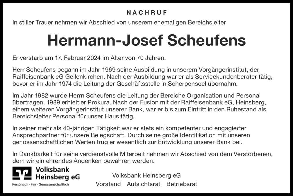  Traueranzeige für Hermann-Josef Scheufens vom 03.03.2024 aus Zeitung am Sonntag