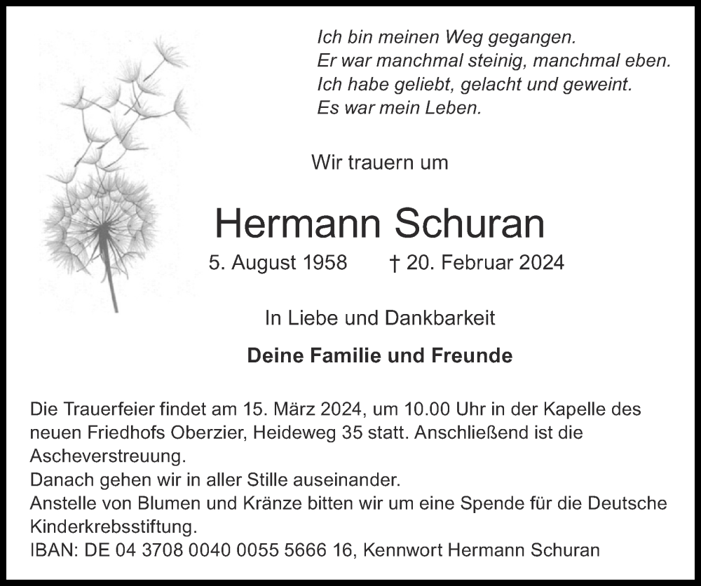  Traueranzeige für Hermann Schuran vom 03.03.2024 aus Zeitung am Sonntag