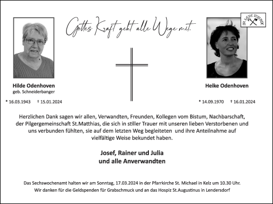 Traueranzeige von Hilde Odenhover von Zeitung am Sonntag