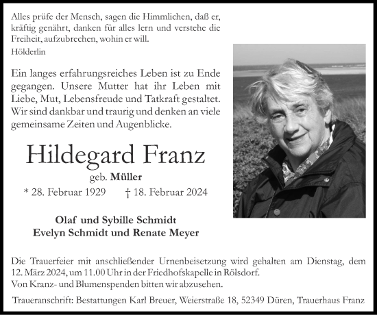 Traueranzeige von Hildegard Franz von Zeitung am Sonntag