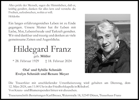 Traueranzeige von Hildegard Franz von Aachener Zeitung