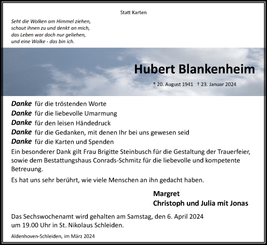 Traueranzeige von Hubert Blankenheim von Zeitung am Sonntag
