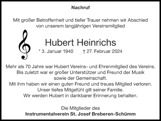 Traueranzeige von Hubert Heinrichs von Zeitung am Sonntag
