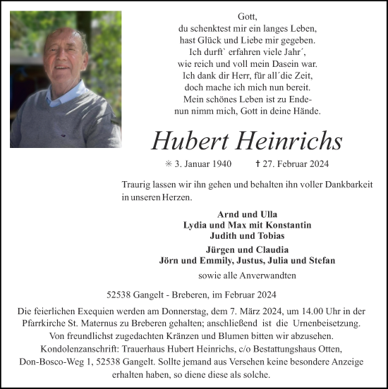 Traueranzeige von Hubert Heinrichs von Zeitung am Sonntag
