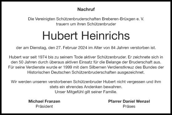 Traueranzeige von Hubert Heinrichs von Zeitung am Sonntag