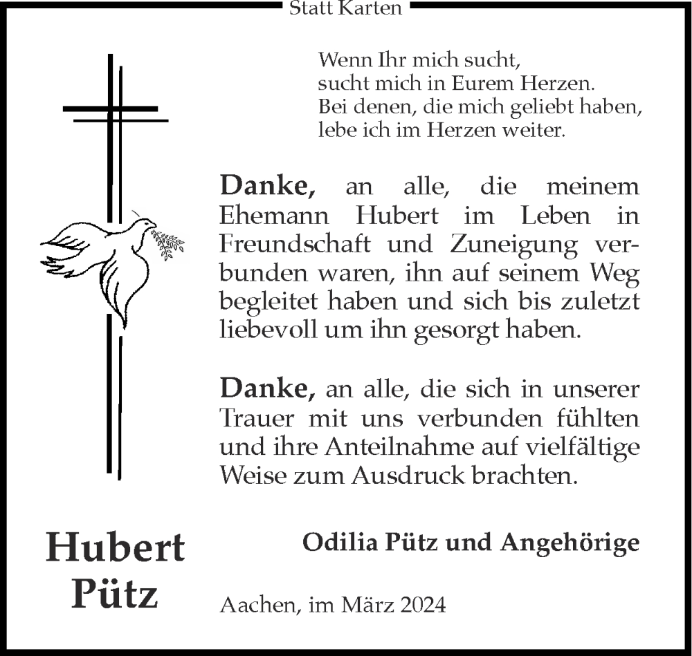  Traueranzeige für Hubert Pütz vom 24.03.2024 aus Zeitung am Sonntag