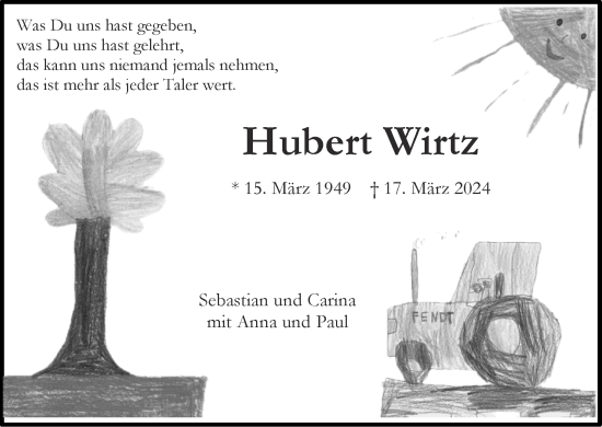 Traueranzeige von Hubert Wirtz von Zeitung am Sonntag