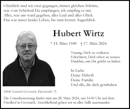 Traueranzeige von Hubert Wirtz von Zeitung am Sonntag