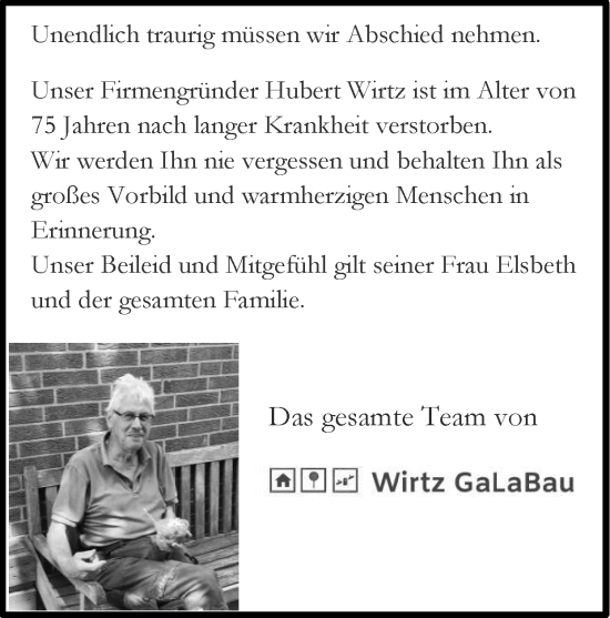 Traueranzeige von Hubert Wirtz von Zeitung am Sonntag
