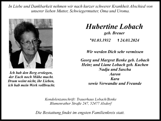 Traueranzeige von Hubertine Lobach von Zeitung am Sonntag