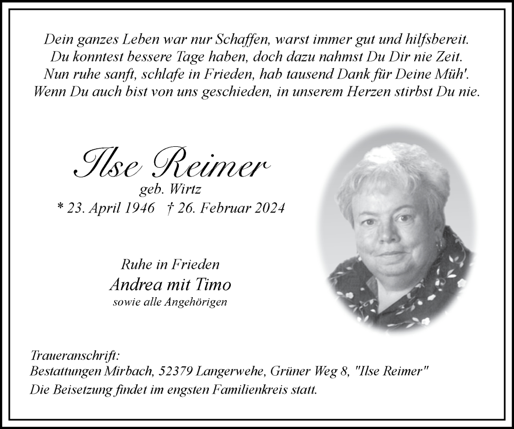  Traueranzeige für Ilse Reimer vom 03.03.2024 aus Zeitung am Sonntag