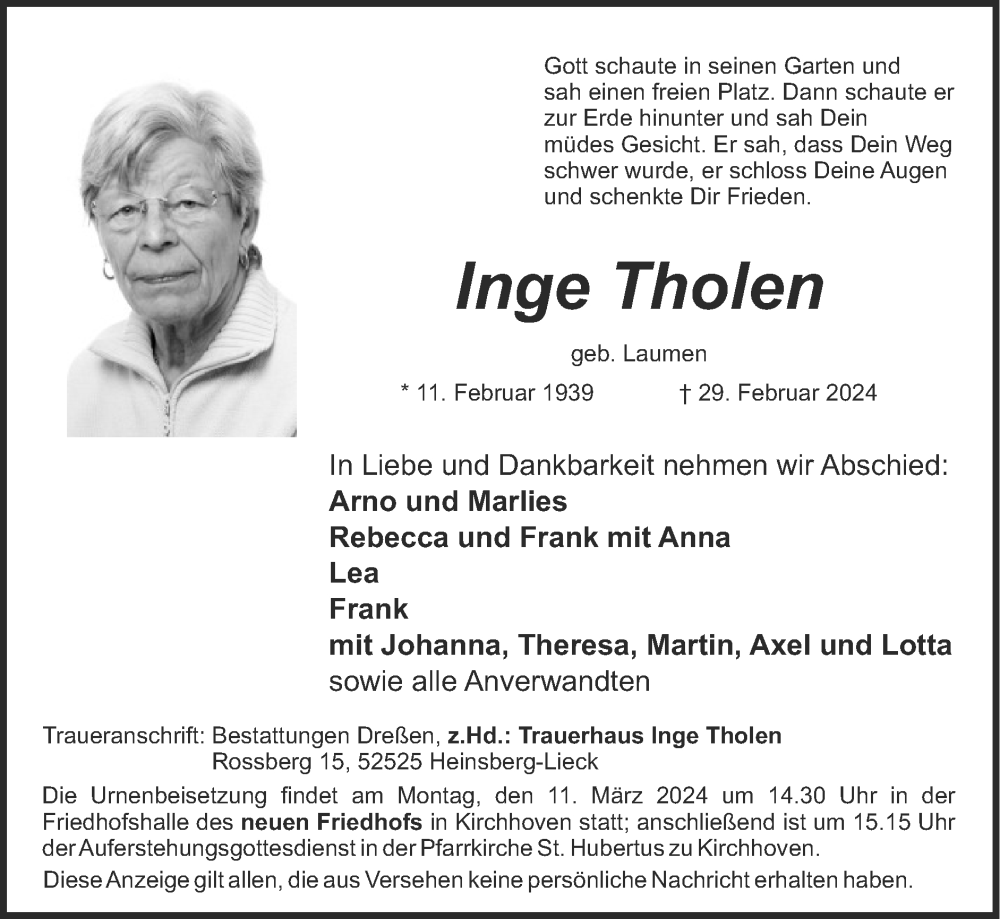  Traueranzeige für Inge Tholen vom 10.03.2024 aus Zeitung am Sonntag