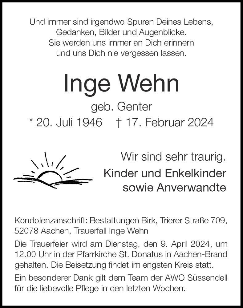  Traueranzeige für Inge Wehn vom 31.03.2024 aus Zeitung am Sonntag