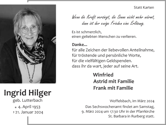 Traueranzeige von Ingrid Hilger von Zeitung am Sonntag