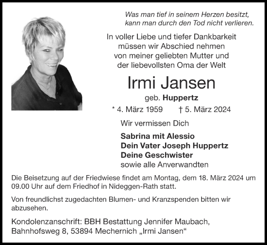 Traueranzeige von Irmi Jansen von Zeitung am Sonntag