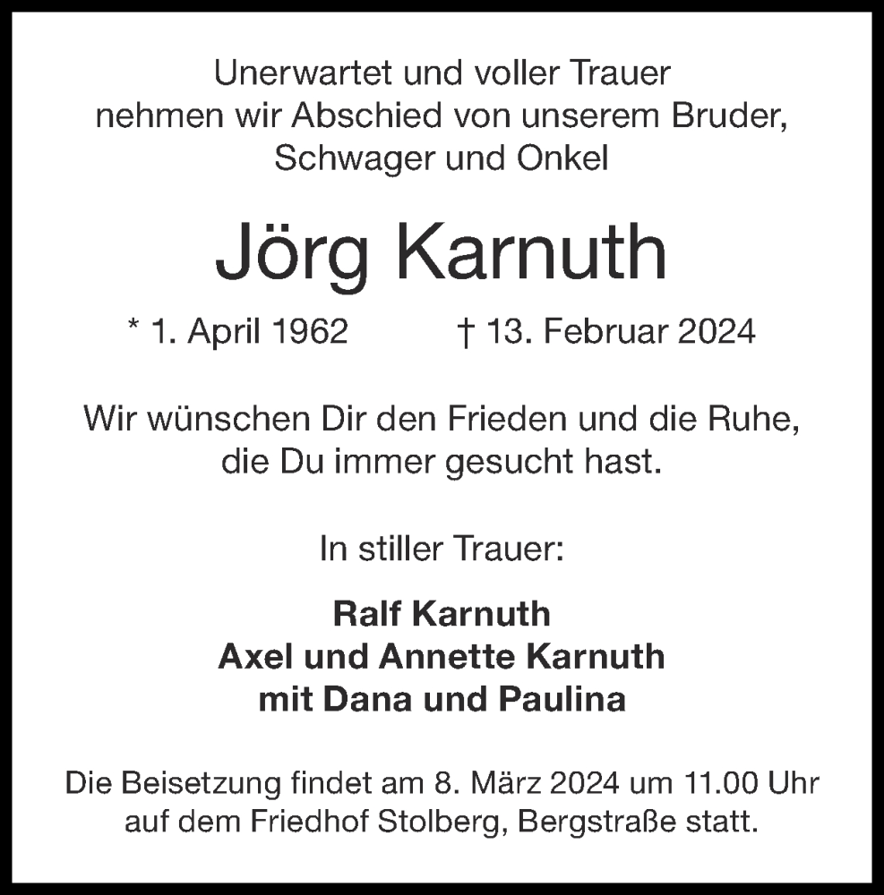  Traueranzeige für Jörg Karnuth vom 03.03.2024 aus Zeitung am Sonntag