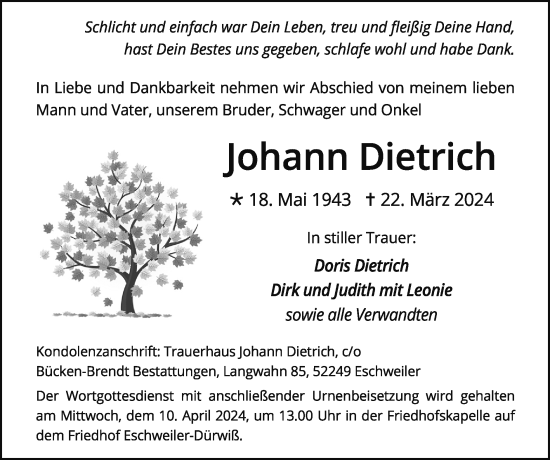Traueranzeige von Johann Dietrich von Zeitung am Sonntag