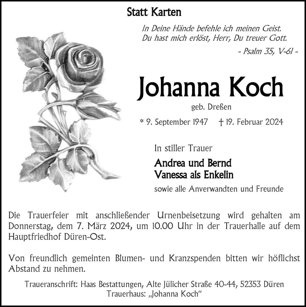  Traueranzeige für Johanna Koch vom 03.03.2024 aus Zeitung am Sonntag