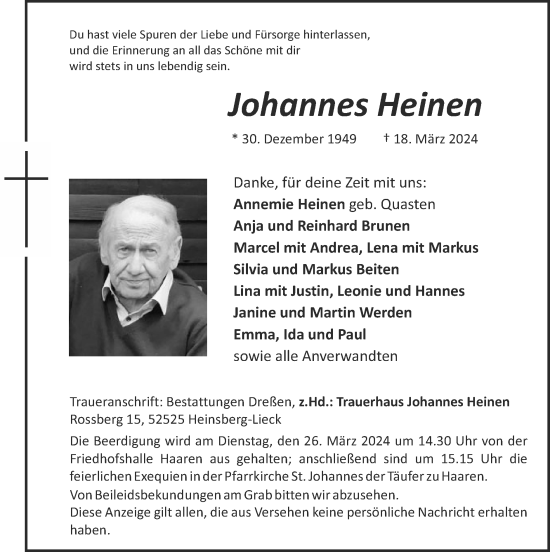 Traueranzeige von Johannes Heinen von Zeitung am Sonntag