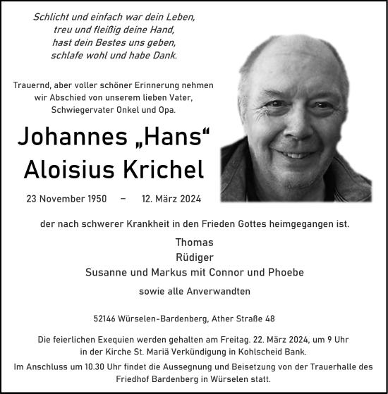 Traueranzeige von Johannes Aloisius  Krichel von Aachener Zeitung