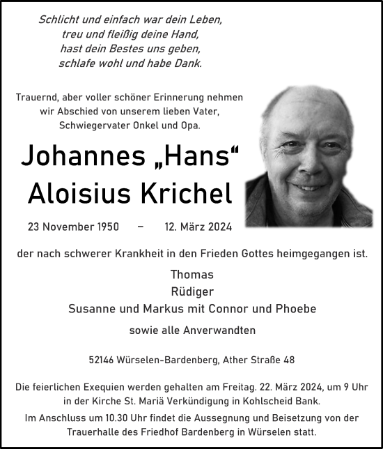 Traueranzeige von Johannes Aloisius  Krichel von Zeitung am Sonntag
