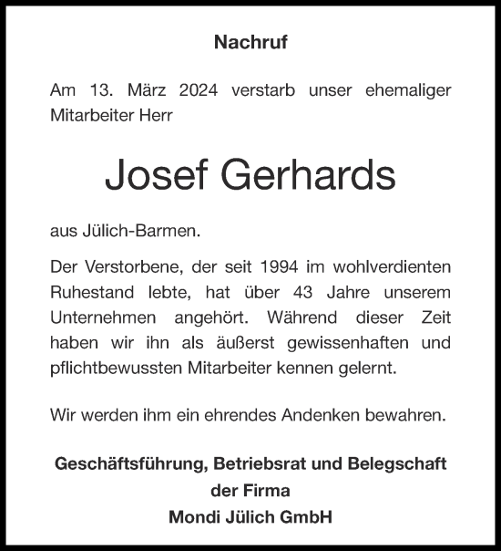 Traueranzeige von Josef Gerhards von Aachener Zeitung