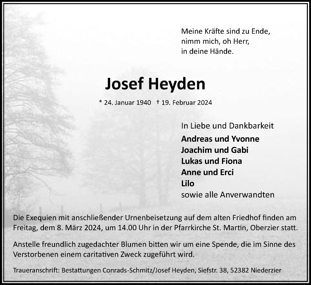  Traueranzeige für Josef Heyden vom 03.03.2024 aus Zeitung am Sonntag