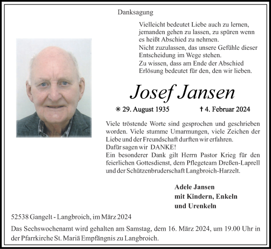 Traueranzeige von Josef Jansen von Zeitung am Sonntag
