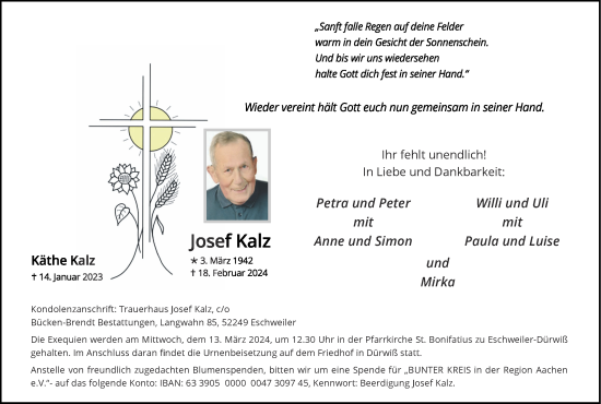 Traueranzeige von Josef Kalz von Zeitung am Sonntag