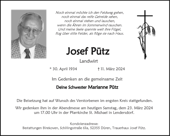 Traueranzeige von Josef Pütz von Aachener Zeitung