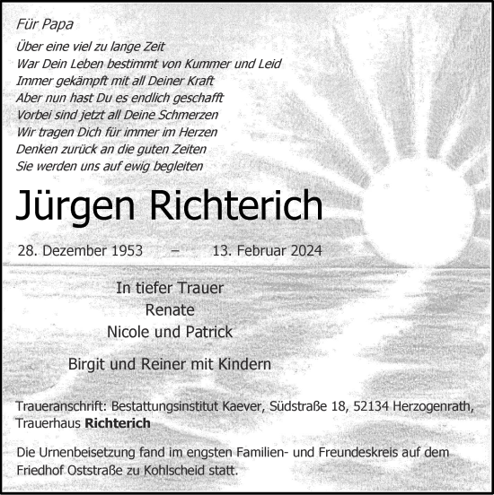 Traueranzeige von Jürgen Richterich von Zeitung am Sonntag