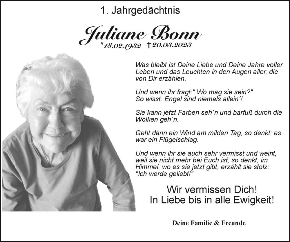  Traueranzeige für Juliane Bonn vom 24.03.2024 aus Zeitung am Sonntag