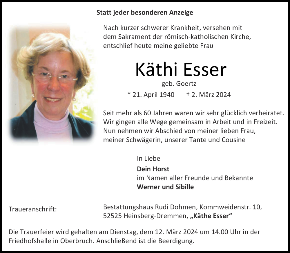  Traueranzeige für Käthi Esser vom 09.03.2024 aus Aachener Zeitung
