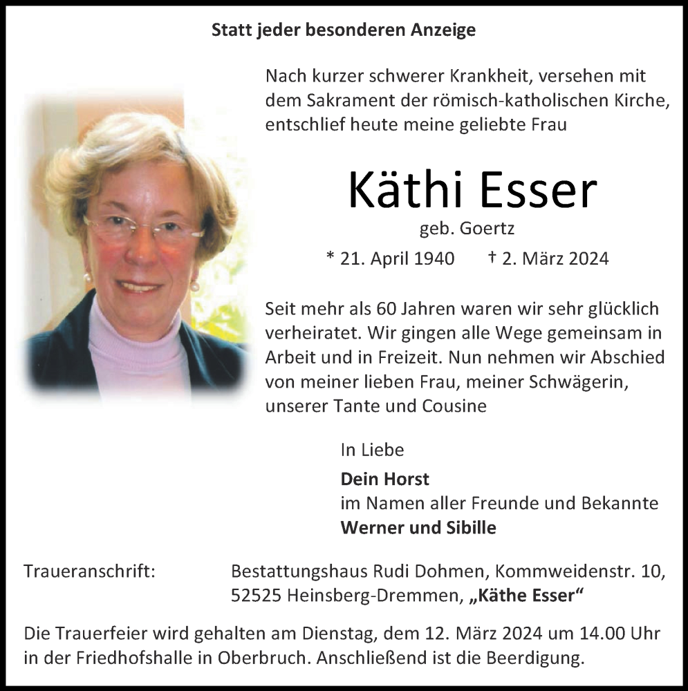  Traueranzeige für Käthi Esser vom 10.03.2024 aus Zeitung am Sonntag