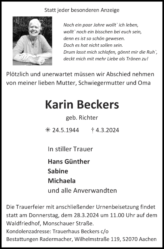 Traueranzeige von Karin Beckers von Zeitung am Sonntag
