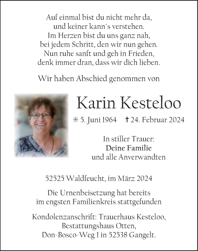  Traueranzeige für Karin Kesteloo vom 17.03.2024 aus Zeitung am Sonntag