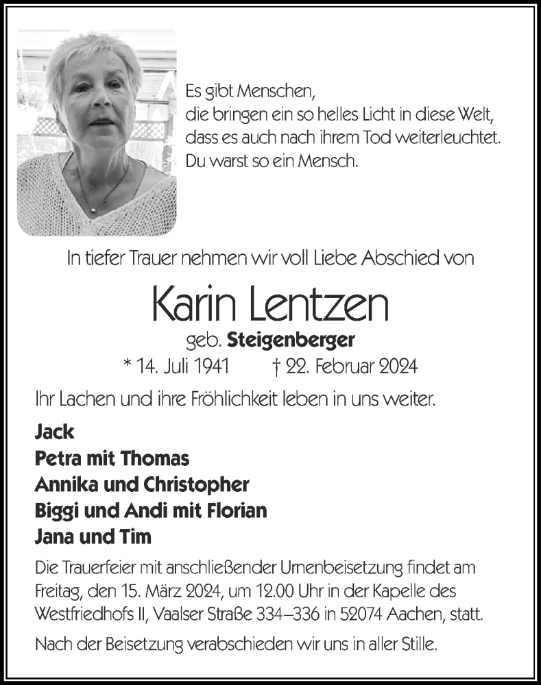  Traueranzeige für Karin Lentzen vom 10.03.2024 aus Zeitung am Sonntag
