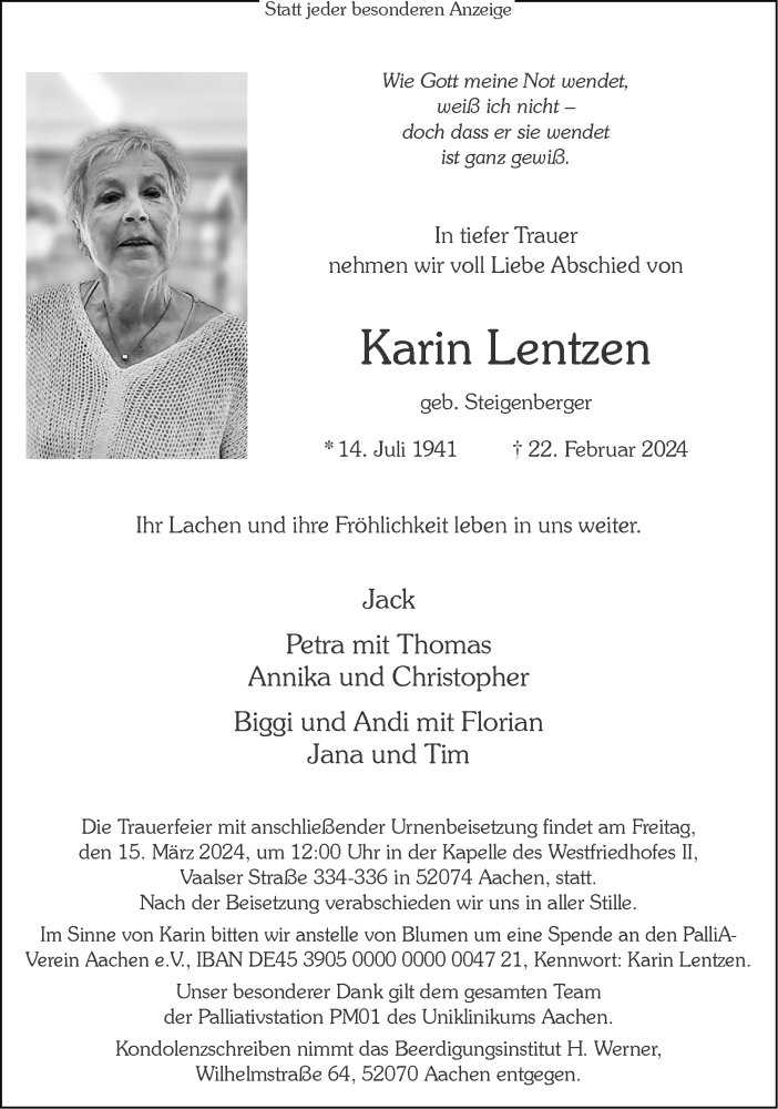  Traueranzeige für Karin Lentzen vom 10.03.2024 aus Zeitung am Sonntag