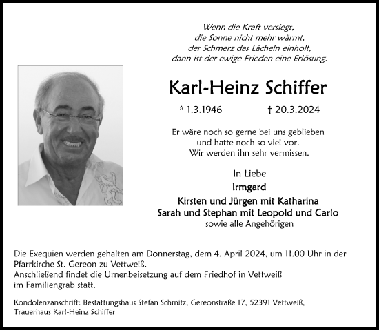 Traueranzeige von Karl-Heinz Schiffer von Aachener Zeitung