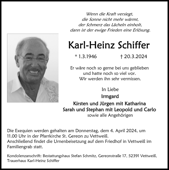 Traueranzeige von Karl-Heinz Schiffer von Zeitung am Sonntag