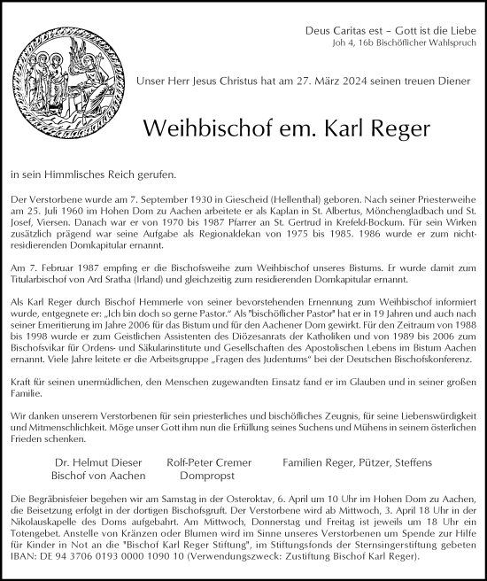 Traueranzeige von Karl Reger von Aachener Zeitung