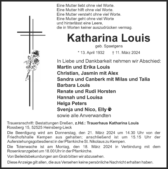 Traueranzeige von Katharina Louis von Zeitung am Sonntag