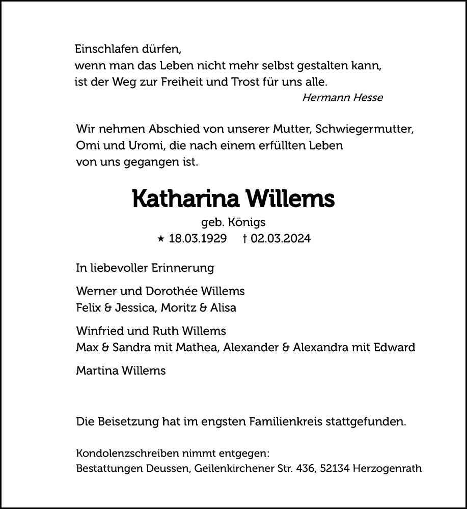  Traueranzeige für Katharina Willems vom 30.03.2024 aus Aachener Zeitung
