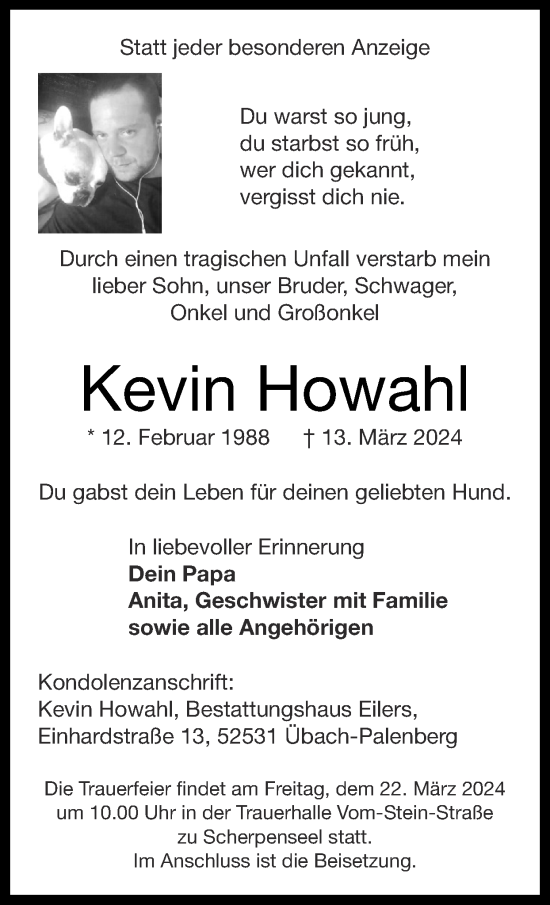 Traueranzeige von Kevin Howahl von Zeitung am Sonntag