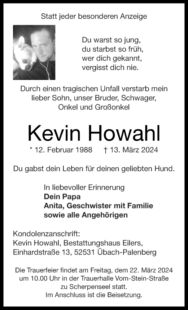  Traueranzeige für Kevin Howahl vom 17.03.2024 aus Zeitung am Sonntag