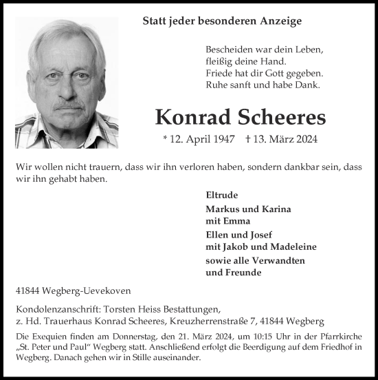 Traueranzeige von Konrad Scheeres von Zeitung am Sonntag