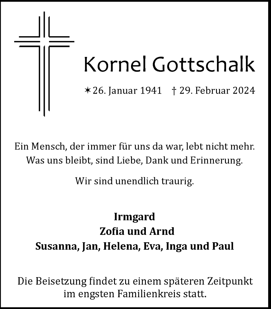  Traueranzeige für Kornel Gottschalk vom 10.03.2024 aus Zeitung am Sonntag