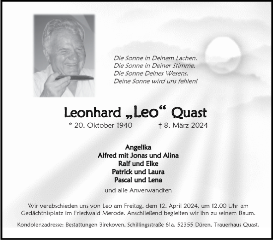 Traueranzeige von Leonhard Quast von Zeitung am Sonntag
