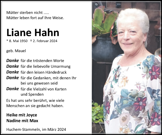 Traueranzeige von Liane Hahn von Zeitung am Sonntag