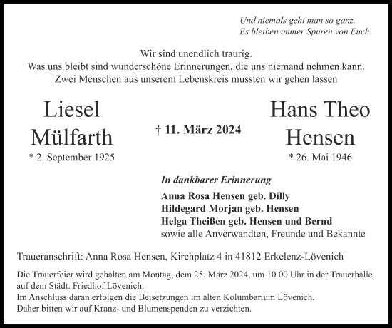 Traueranzeige von Liesel Mülfarth von Zeitung am Sonntag